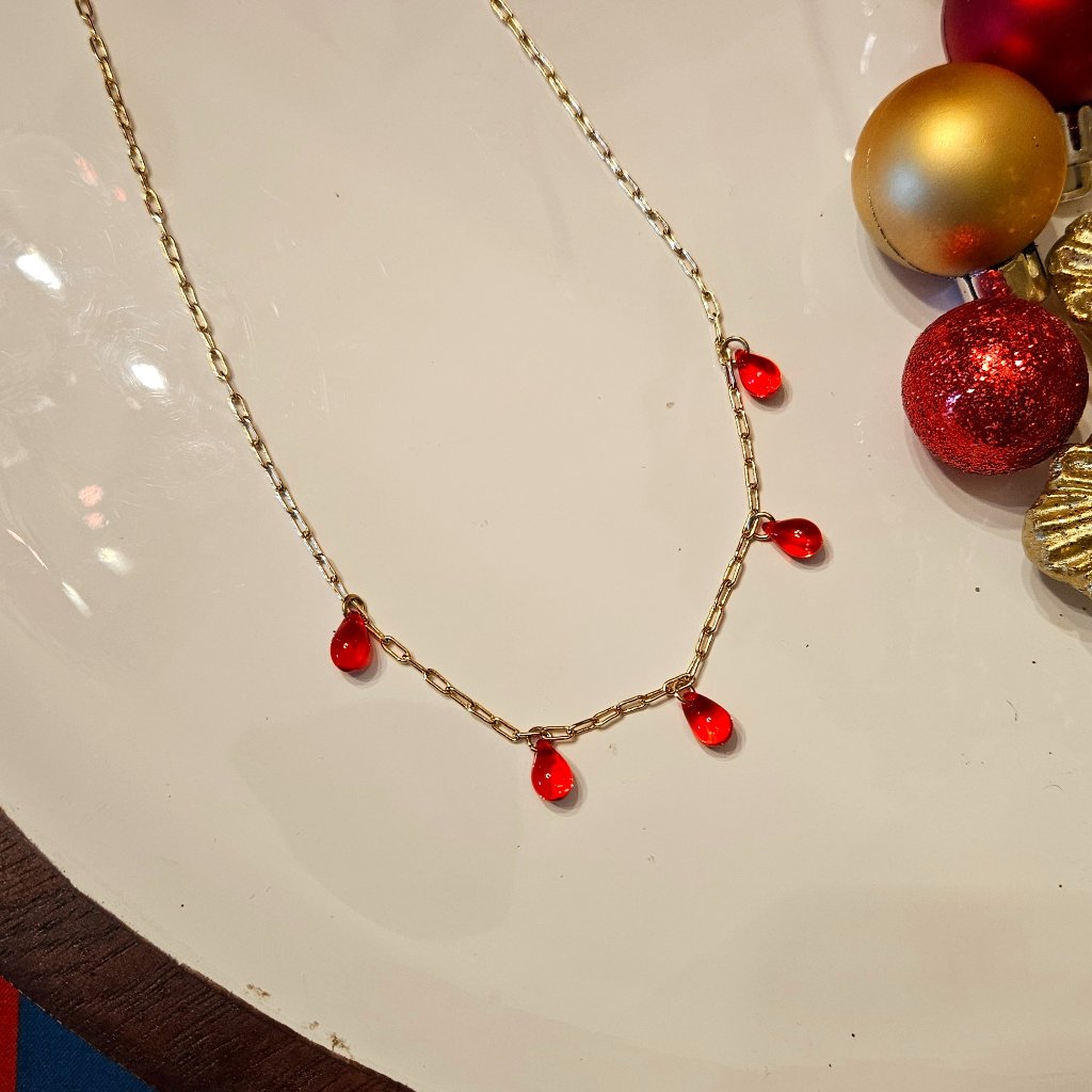 Sale!! Smooth Red Teardrop Crystal Necklace With 14k Gold-Filled Link Chain